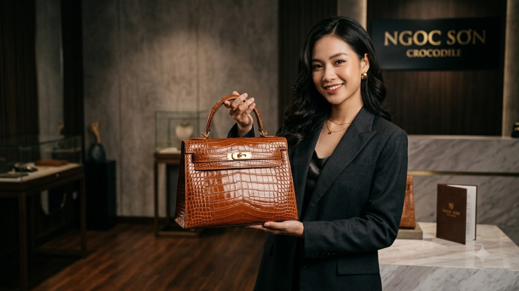 Túi xách da cá sấu nữ doanh nhân cao cấp may tay thủ công dáng Kelly màu nâu Havana Caramel tại Showroom Ngọc Sơn Crocodile