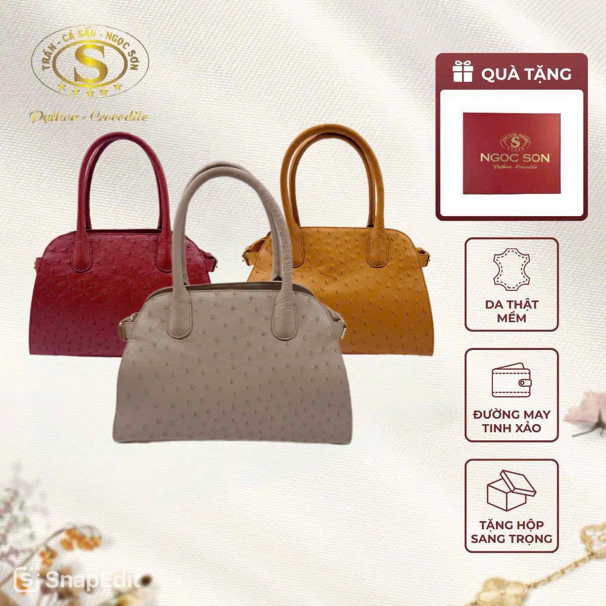 Bộ sưu tập túi xách nữ dáng bowling da đà điểu tự nhiên cao cấp tại Showroom Trăn Cá Sấu Ngọc Sơn